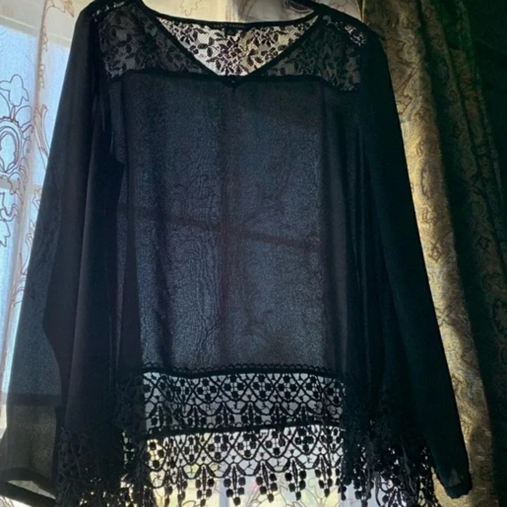 Zac & Rachel Black Sheer Lace Crochet trim Boho Goth Top Size Med